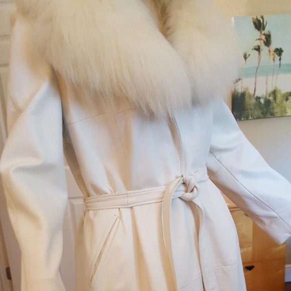EXC Long White Leather Coat Fox Fur Collar 8 10 12 - Picture 3 of 10